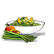 Salat von grünem Spargel mit Pfirsich und Buttermilch-Dressing
