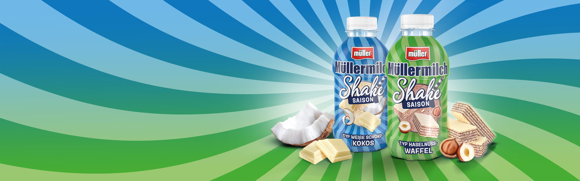 Doppelt cremig hält besser: Müllermilch Shake Typ Haselnuss-Waffel und Müllermilch Shake Typ Weiße Schoko-Kokos